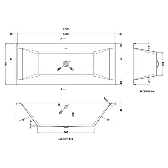 Nuie Eternalite Square Double Ended Bath 1700 x 700mm