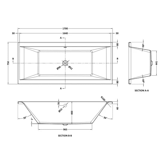 Nuie Eternalite Square Double Ended Bath 1700 x 750mm