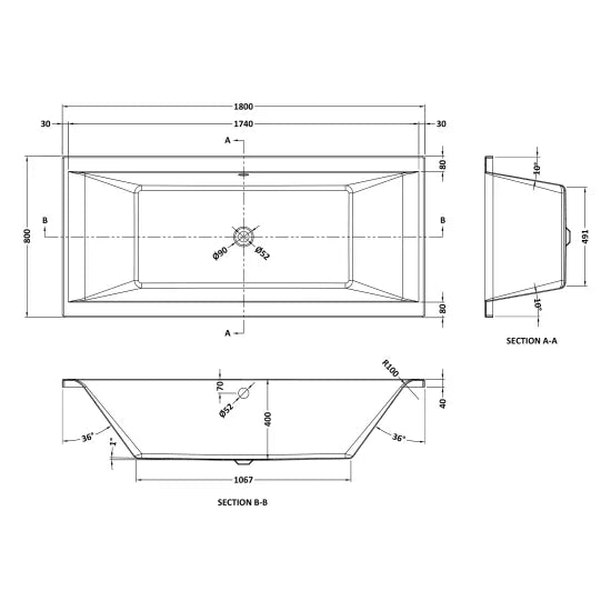 Nuie Eternalite Square Double Ended Bath 1800 x 800mm