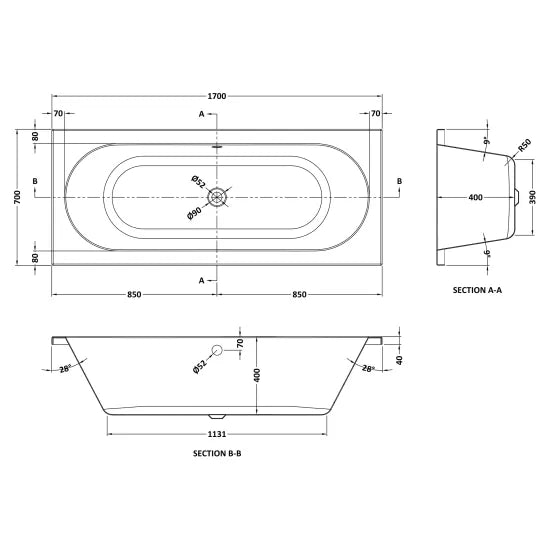 Nuie Eternalite Round Double Ended Bath 1700 x 700mm