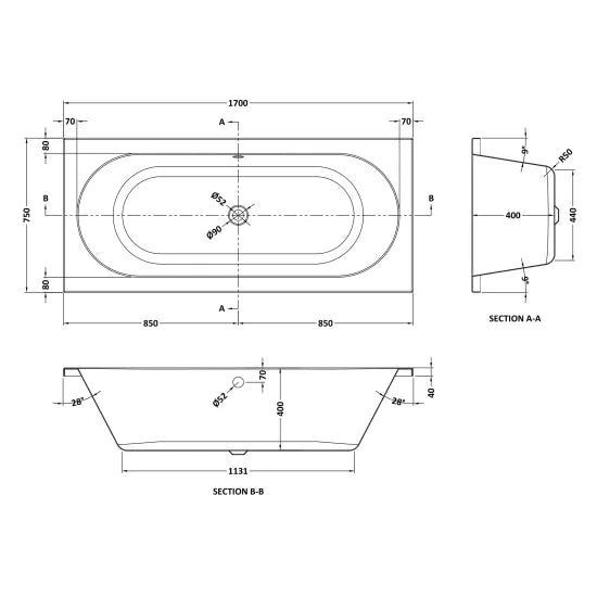 Nuie Eternalite Round Double Ended Bath 1700 x 750mm