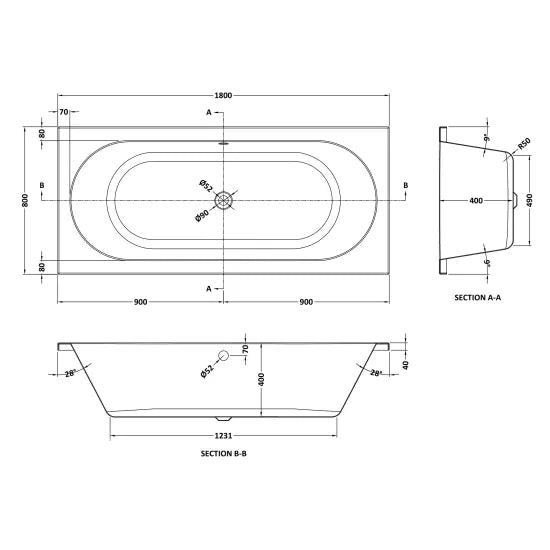 Nuie Eternalite Round Double Ended Bath 1800 x 800mm