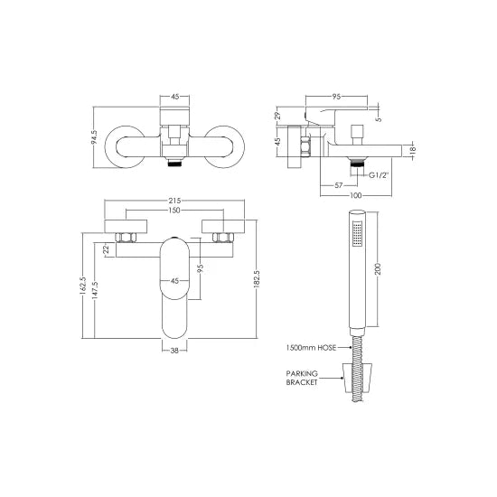 Binsey Wall Mounted Bath Shower Mixer Tap With Shower Kit Chrome