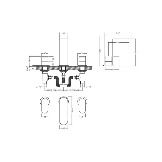 Binsey Deck Mounted 3 Tap Hole Basin Mixer Tap With Pop Up Waste Chrome