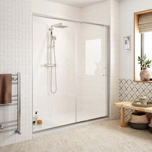 Modern bathroom with shower, bench, and decorative elements