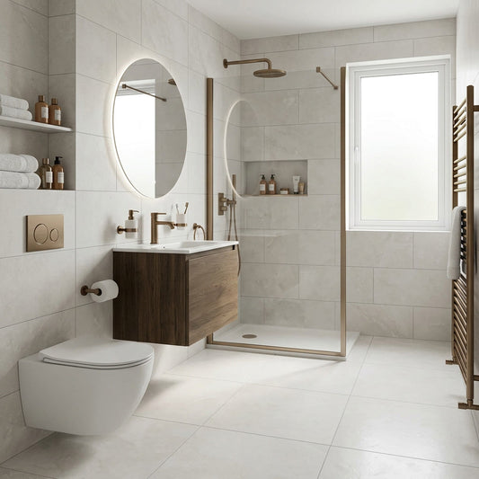 Modern bathroom with white tiles, wooden vanity, and glass shower enclosure.
