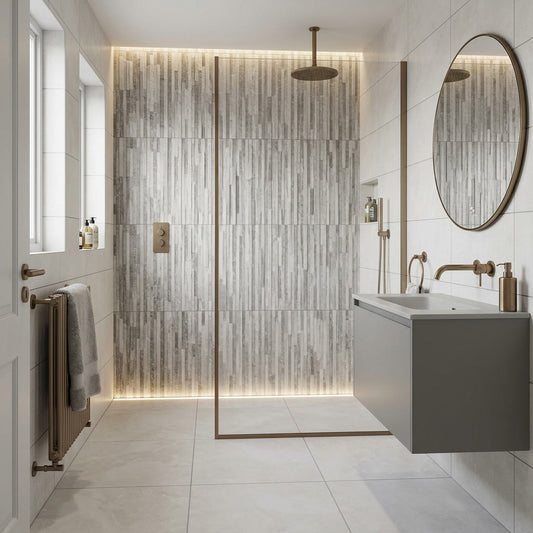 Modern bathroom with shower, sink, and mirror