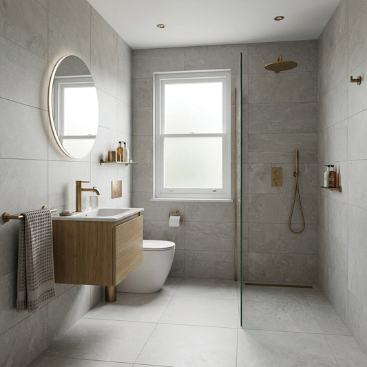Modern bathroom with gray tiles, wooden vanity, and glass shower enclosure.