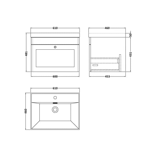 Classique Satin White 600mm Wall Hung 1-Drawer Vanity & Thin-Edge Ceramic Basin