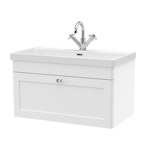 Classique Satin White 800mm Wall Hung 2-Door Vanity with & Thin-Edge Ceramic Basin