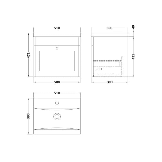 Nuie Classique 500mm Wall Hung 1 Drawer Vanity & Mid-Edge Ceramic Basin