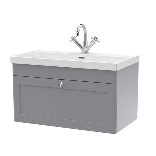 Classique Satin Grey 800mm Wall Hung 2-Door Vanity & Thin-Edge Ceramic Basin