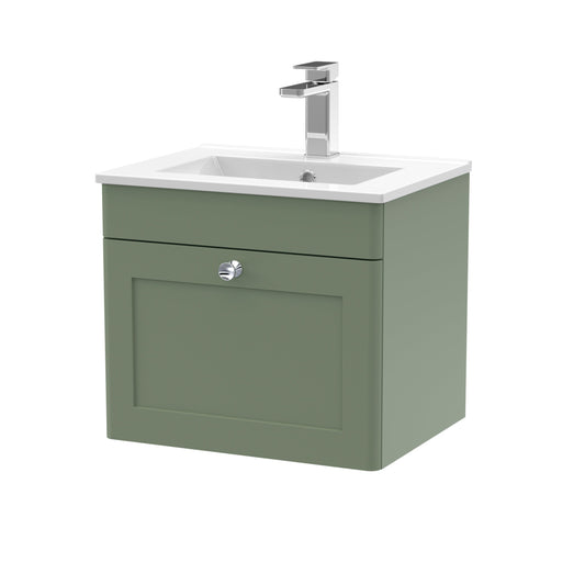 Nuie Classique 500mm Satin Green Wall Hung 1 Drawer Vanity & Minimalist Ceramic Basin