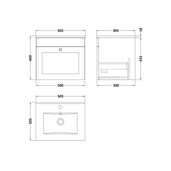 Nuie Classique 500mm Satin Green Wall Hung 1 Drawer Vanity & Minimalist Ceramic Basin