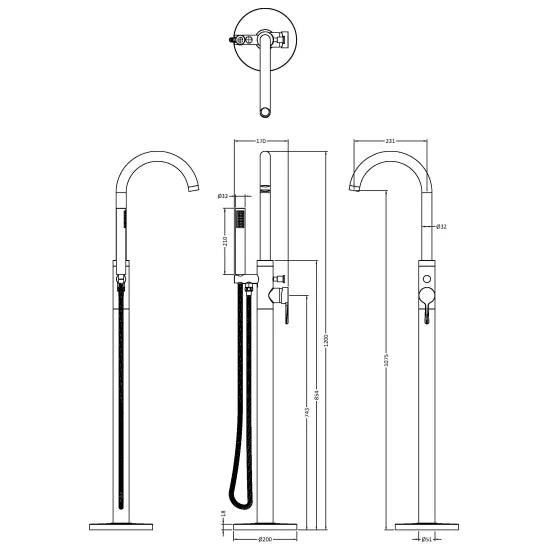 Aztec Floor Standing Bath Tap with Shower Kit Black Matt