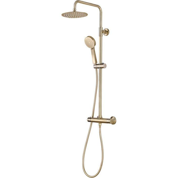 Round Thermostatic Bar Mixer Shower & Riser - Brushed Brass