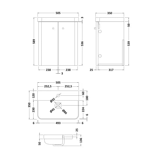Core Soft Black 500mm Wall Hung 2 Door Unit & Basin