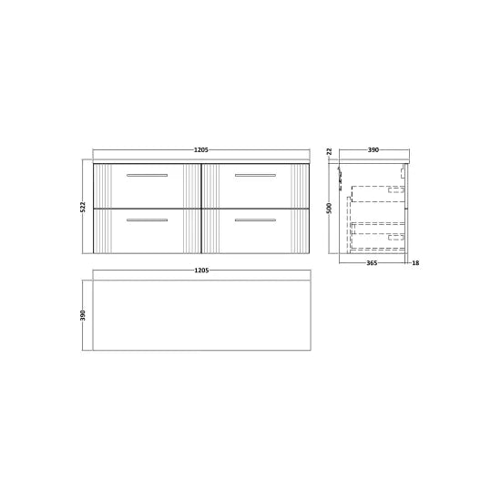 Nuie Deco Satin White 1200 Wall Hung Double Vanity & Laminate Worktop Matt Carrera Marble