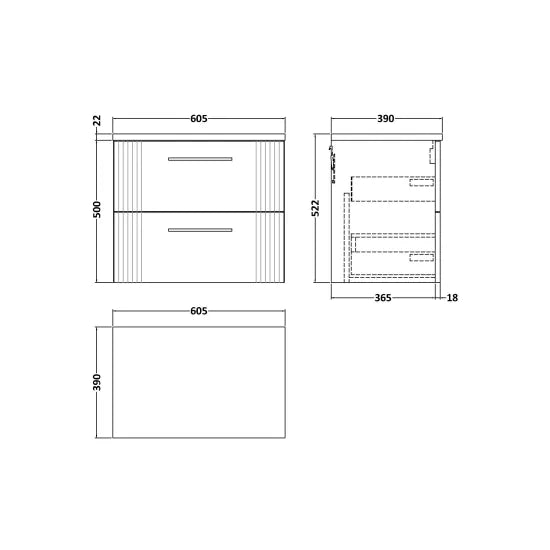 Nuie Deco Satin Green 600 Wall Hung Vanity & Laminate Worktop Matt Carrera Marble