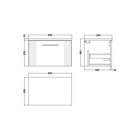 Nuie Deco Satin Blue 600 Wall Hung Vanity & Laminate Worktop Matt Carrera Marble