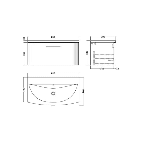 Nuie Deco 800mm Soft Black Wall Hung Single Drawer Vanity & Curved Basin