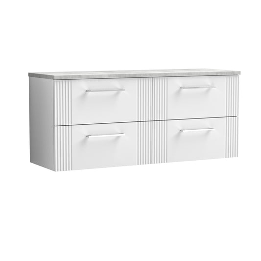 Nuie Deco Satin White 1200 Wall Hung Double Vanity & Laminate Worktop Bellato Grey