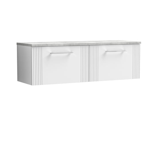 Nuie Deco Satin White 1200 Wall Hung Double Vanity & Laminate Worktop Bellato Grey