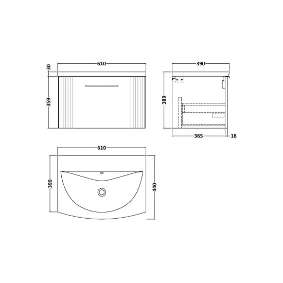 Nuie Deco 600mm Satin Grey Wall Hung Single Drawer Vanity & Curved Basin