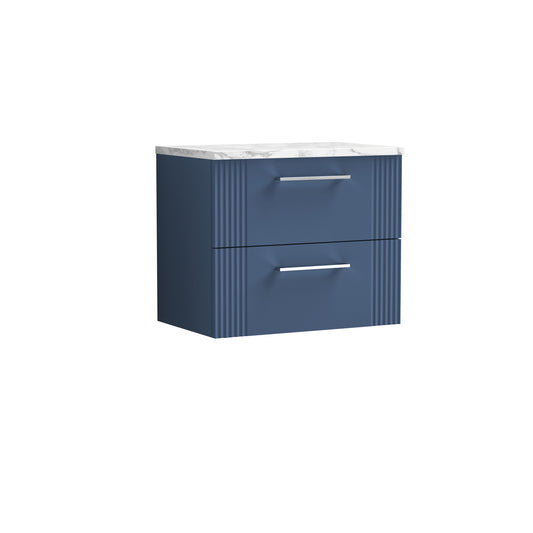 Nuie Deco Satin Blue 600 Wall Hung Vanity & Laminate Worktop Matt Carrera Marble