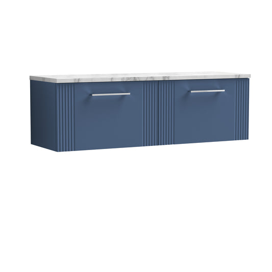 Nuie Deco Satin Blue 1200 Wall Hung Double Vanity & Laminate Worktop Matt Carrera Marble