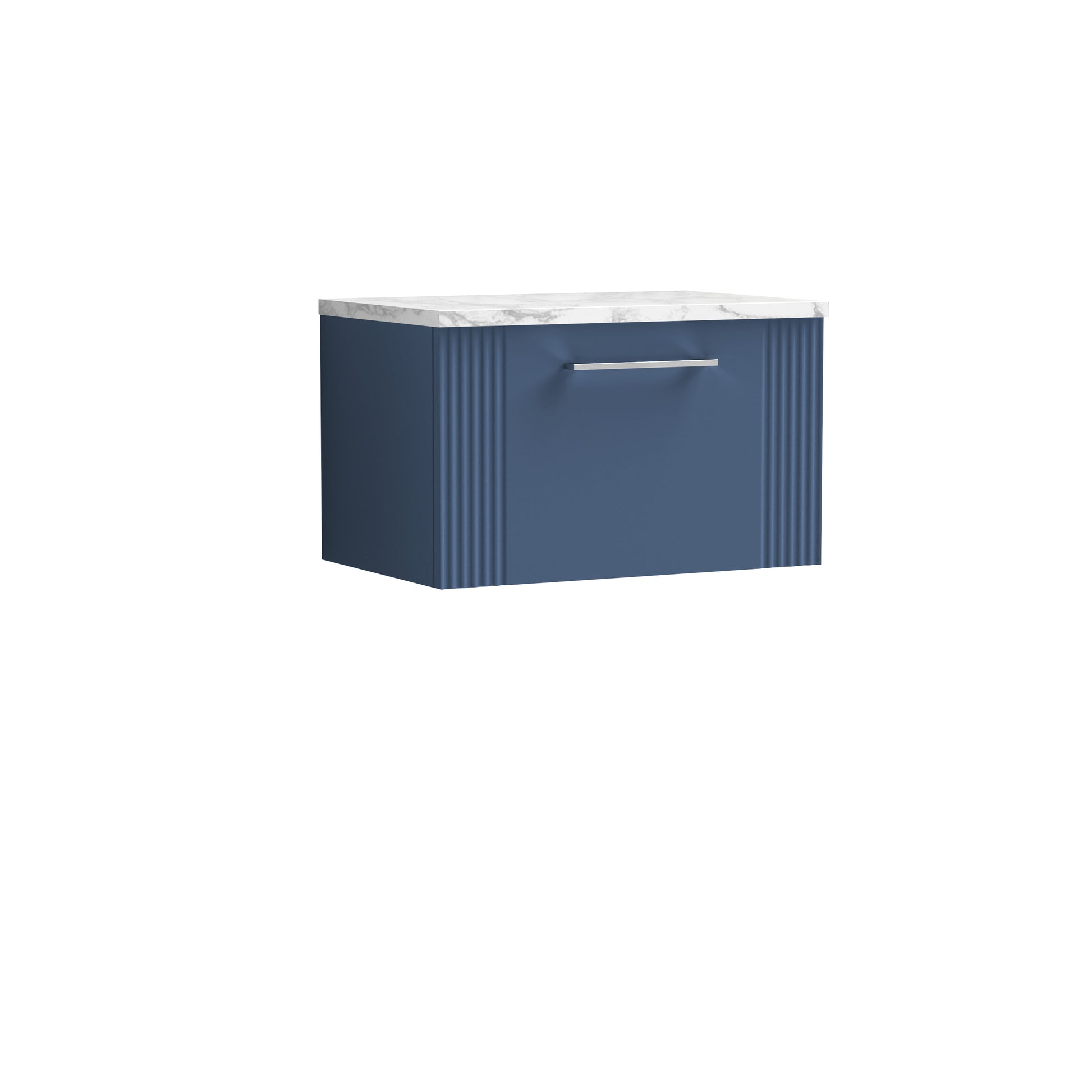 Nuie Deco Satin Blue 600 Wall Hung Vanity & Laminate Worktop Matt Carrera Marble