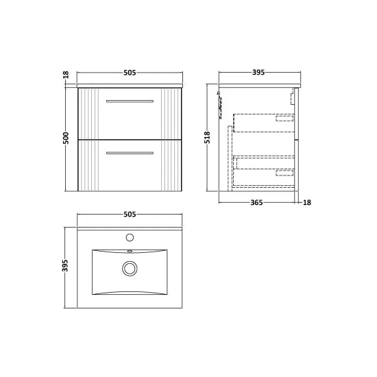 Nuie Deco 500mm Satin Green Wall Hung 2 Drawer Vanity & Basin 2