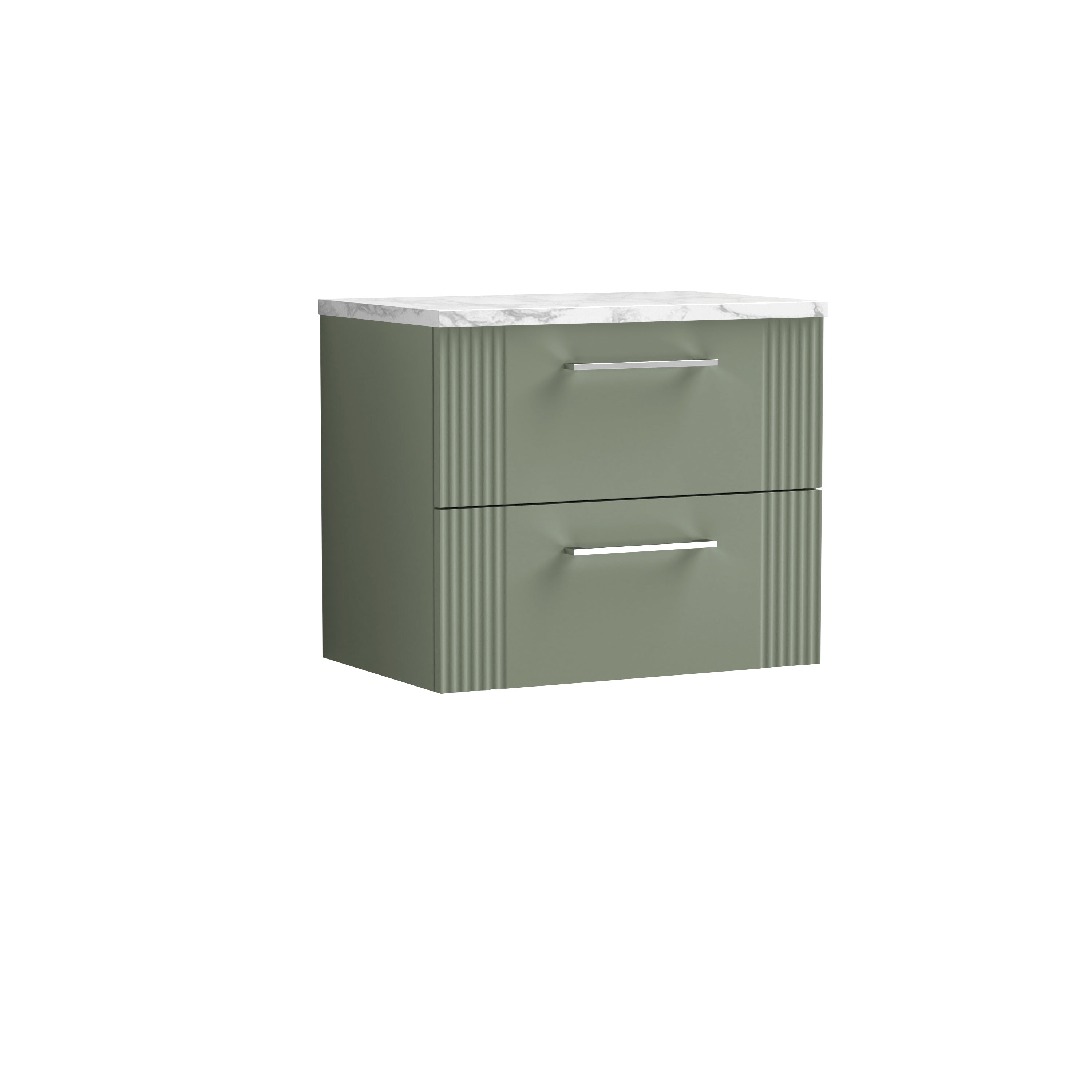 Nuie Deco Satin Green 600 Wall Hung Vanity & Laminate Worktop Matt Carrera Marble