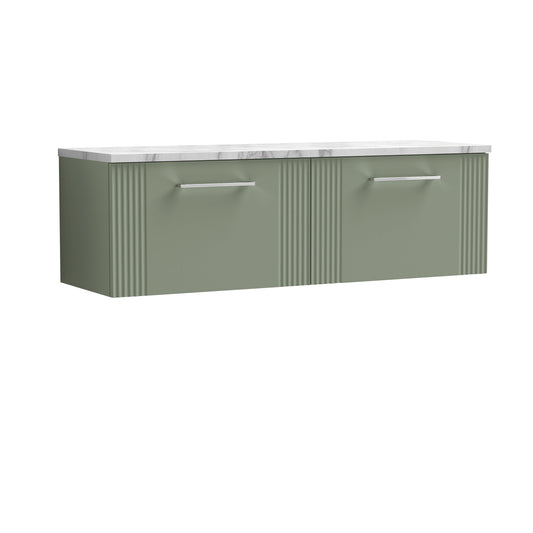 Nuie Deco Satin Green 1200 Wall Hung Double Vanity & Laminate Worktop Matt Carrera Marble