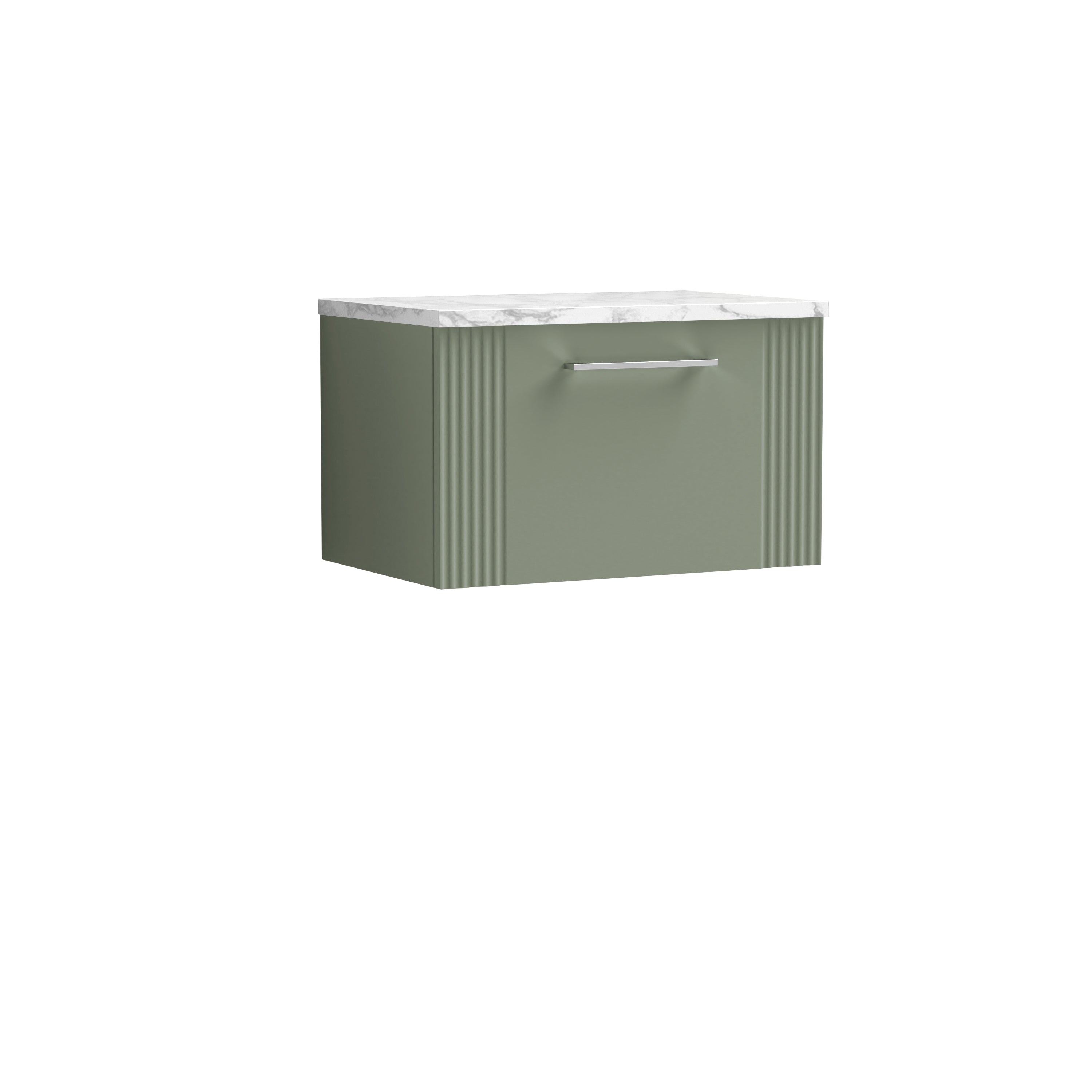 Nuie Deco Satin Green 600 Wall Hung Vanity & Laminate Worktop Matt Carrera Marble