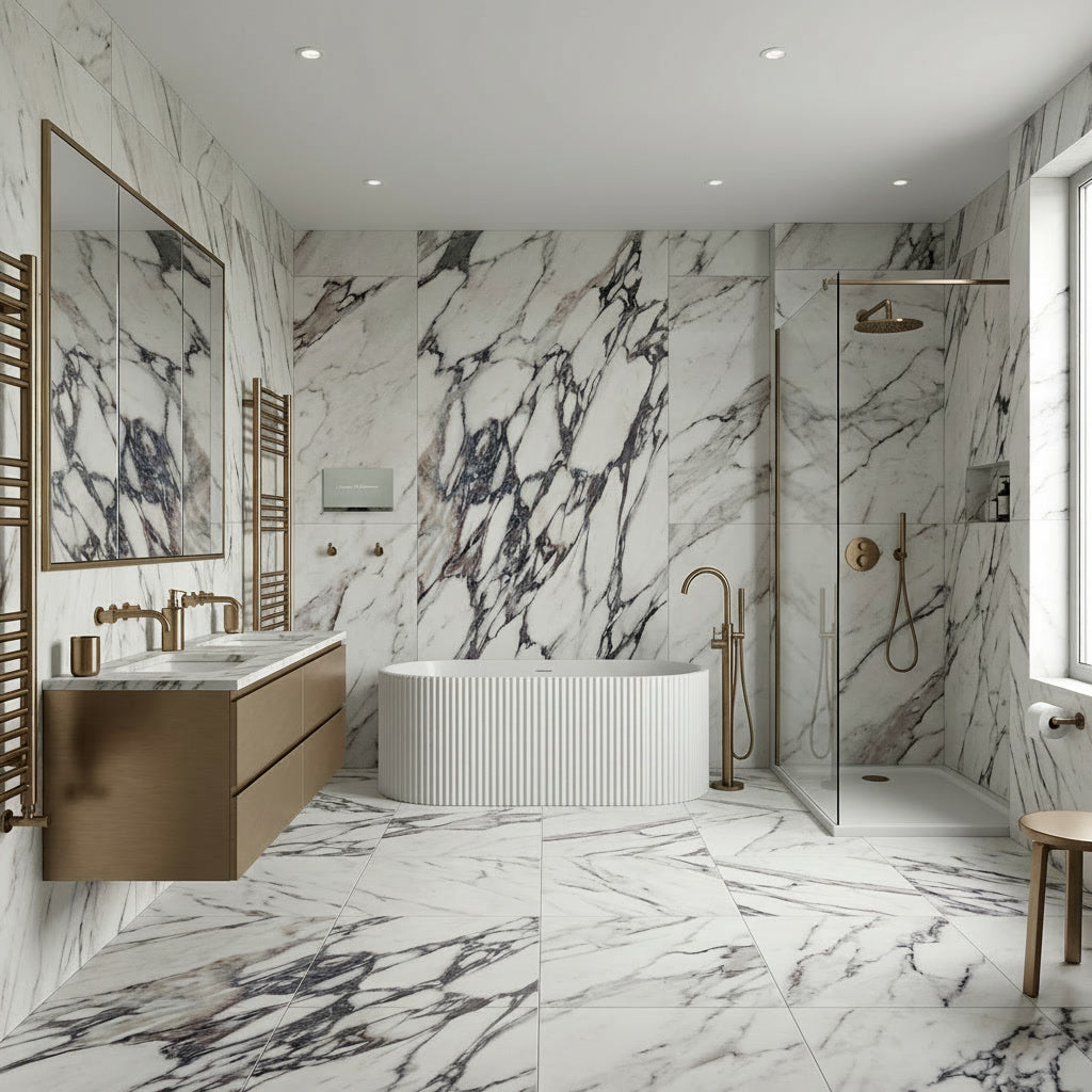 Modern bathroom with marble walls and floor, fluted freestanding bathtub, and gold fixtures.