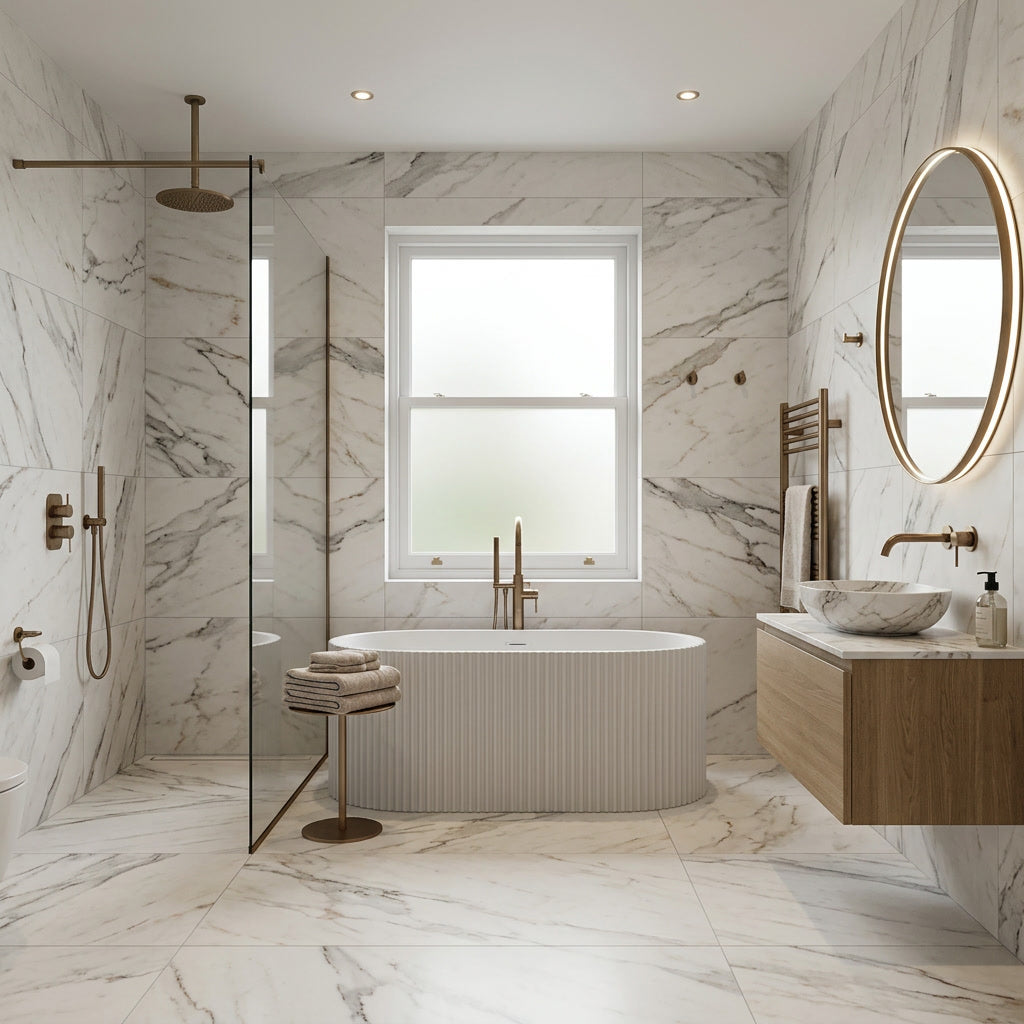 Modern bathroom with marble walls and floor, fluted freestanding bathtub, and wooden vanity.