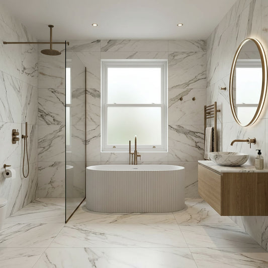 Modern bathroom with marble walls, a fluted freestanding bathtub, and a window.
