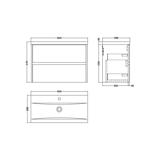 Havana Midnight Blue 800mm Wall Hung 2-Drawer Unit & Mid-Edge Ceramic Basin