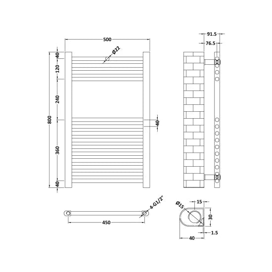Nuie Straight Heated Ladder Rail 800x500mm Chrome