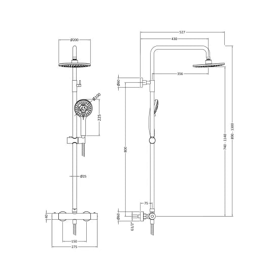 Nuie Round Thermostatic Bar Valve Shower & Kit - Brushed Bronze