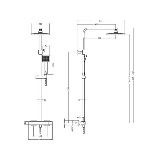 Nuie Square Thermostatic Bar Shower With Kit - Chrome