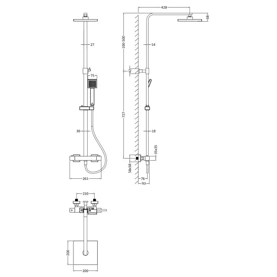 Nuie Square Thermostatic Bar Valve & Shower Kit - Brushed Pewter