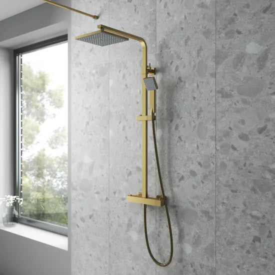 Nuie Square Thermostatic Bar Valve & Shower Kit - Brushed Brass