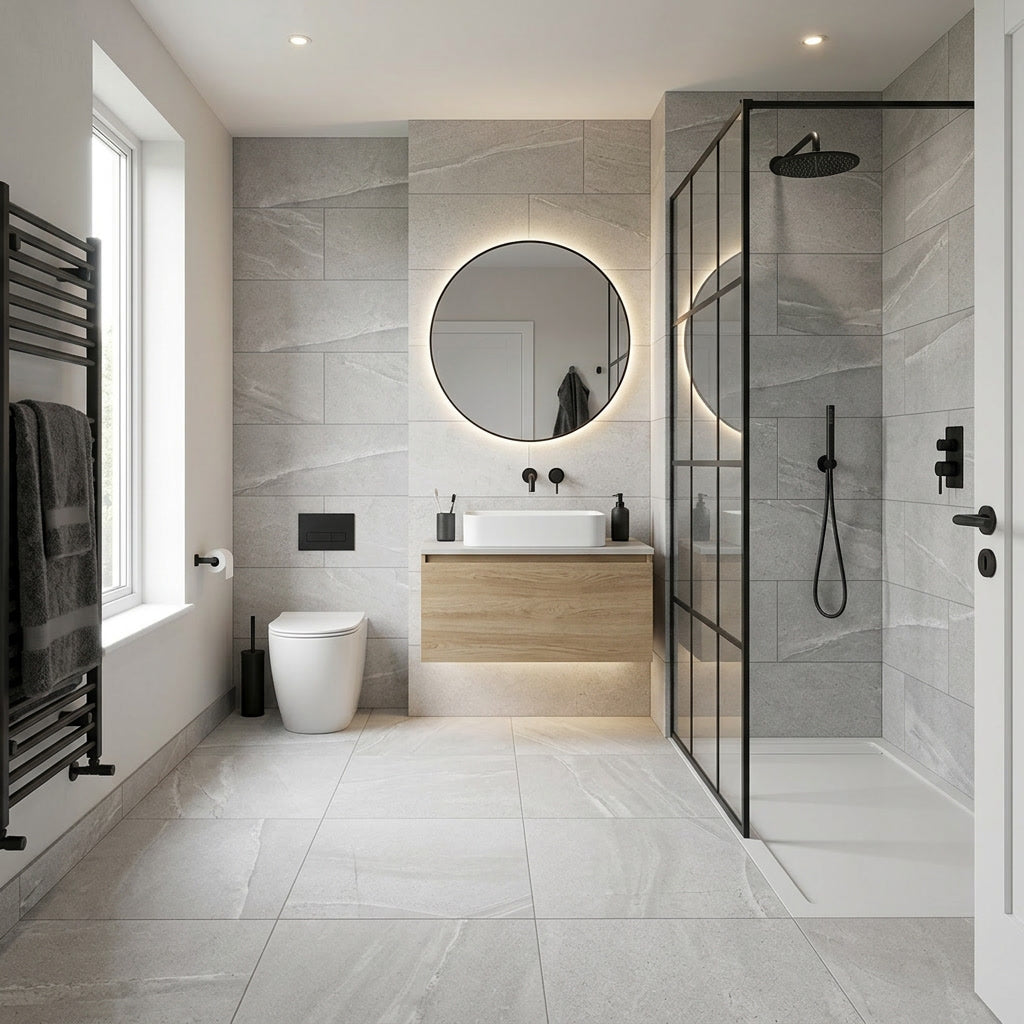 Modern bathroom with gray tiles, wooden vanity, and glass shower enclosure.
