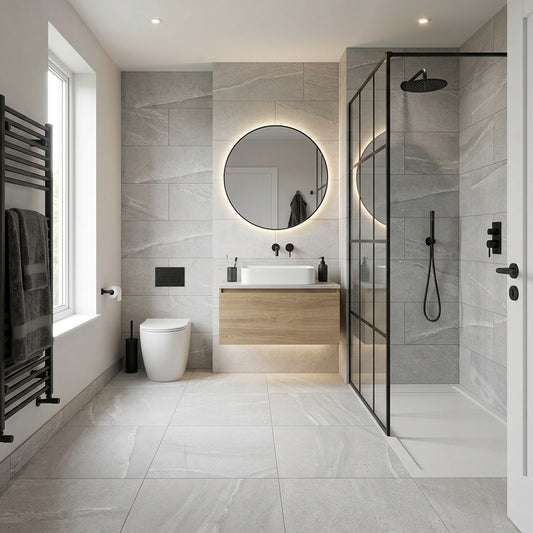 Modern bathroom with gray tiles, wooden vanity, and glass shower enclosure.