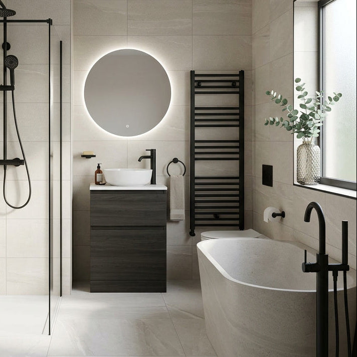 Modern bathroom with shower, sink, and bathtub