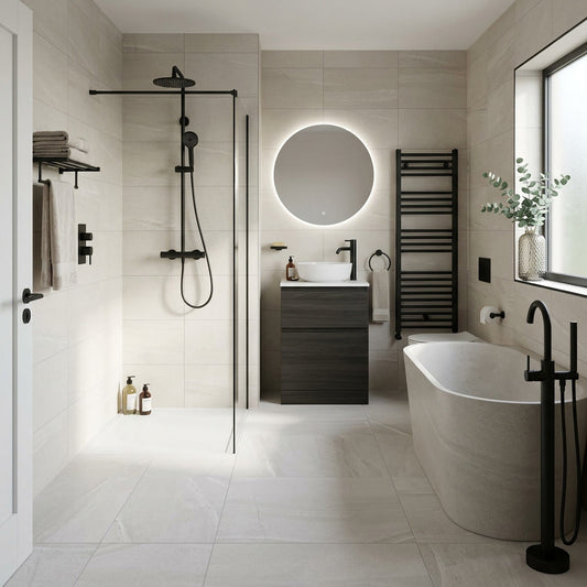 Modern bathroom with shower, sink, and bathtub