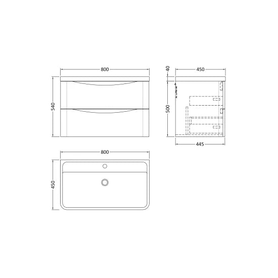 Lunar Satin White 800mm Wall Hung 2 Drawer Vanity & Polymarble Basin