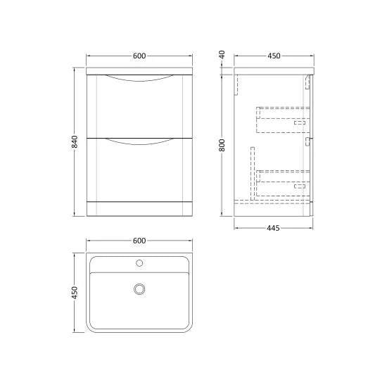Lunar Soft Black 600mm Floor Standing 2 Drawer Vanity & Polymarble Basin